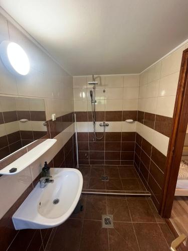 a bathroom with a sink and a shower at Strand Motel, Vígadó Csárda in Dombrád