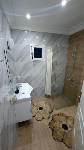 a bathroom with a shower and a sink at Villa Syrine Djerba in Al Ḩaddādah