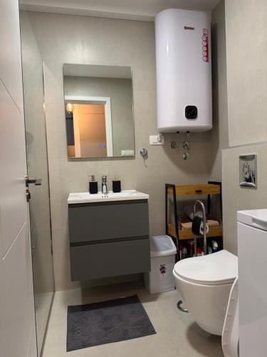 a bathroom with a sink and a toilet and a mirror at Harbour Light Residence in Bjeliši