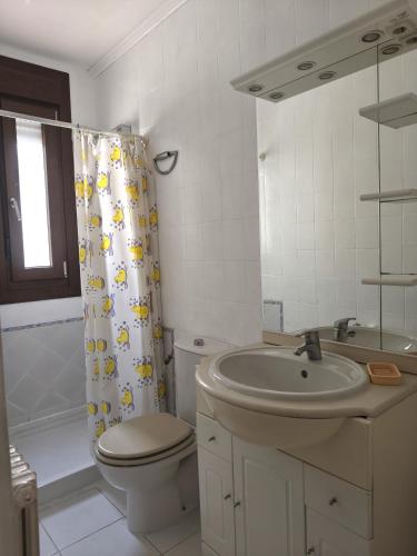 a bathroom with a sink and a toilet and a shower curtain at Casa Airiños do monte in Cangas de Morrazo