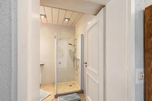 a bathroom with a shower with a glass door at Cottage in Schlangenbad in Schlangenbad