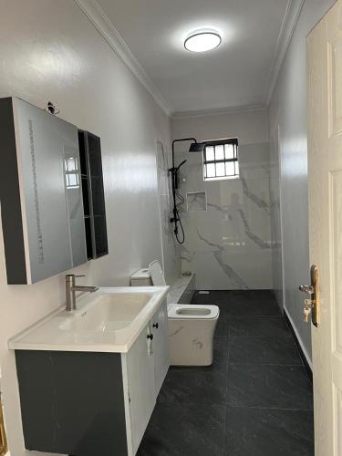a white bathroom with a sink and a toilet at Noble Park Apartment in Kiserian