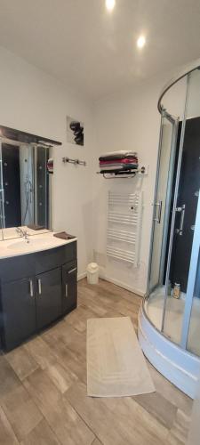 a bathroom with a shower and a sink and a tub at Gîte de Préaux in Tousson