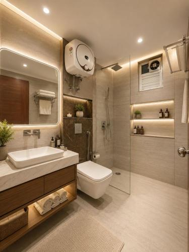 a bathroom with a toilet and a sink and a shower at Airport NH Skye Suites Hotel Terminal 3, Delhi International Airport With - Free Airport Pickup in New Delhi