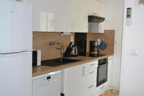 a kitchen with white cabinets and a sink at Gîte les Grands Orangers in Melle