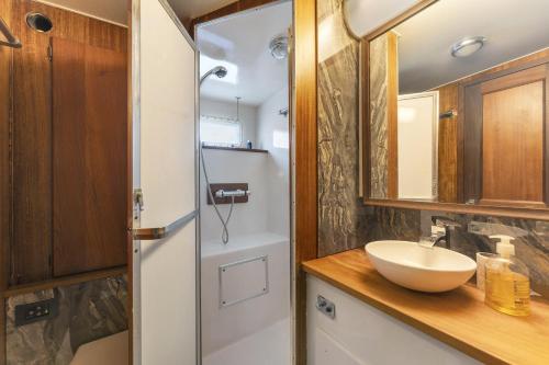 a bathroom with a sink and a mirror at Klassische Motoryacht Ocean Motion in Flensburg