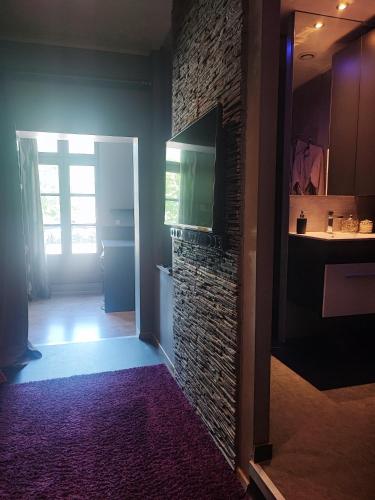 a kitchen with a brick wall and a television on a wall at Appartement tout confort avec balnéo et lit king size in Pézenas
