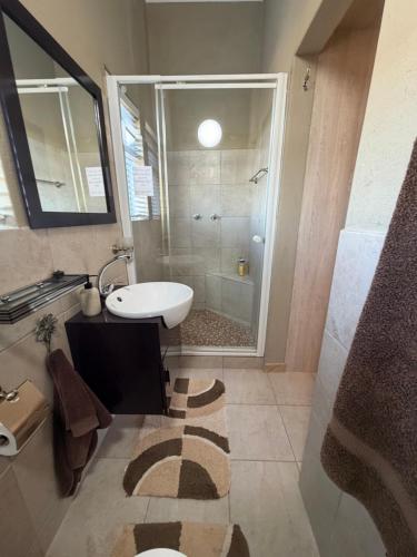 a bathroom with a shower and a sink and a toilet at Karibu Self-Catering unit 2 in Omaruru