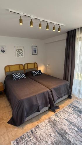 a bedroom with a bed with two pillows on it at Beachfront Villa with private beach and pool in Bogazici