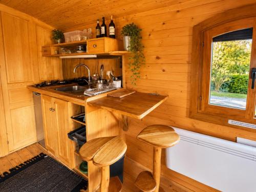 a kitchen with a counter and a sink in a cabin at Blue : La Roulotte du Médoc in Naujac-sur-Mer
