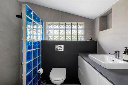 a bathroom with a white toilet and a sink at 1695-Hundested-Valdemar-Poulsensvej-11 in Lynæs