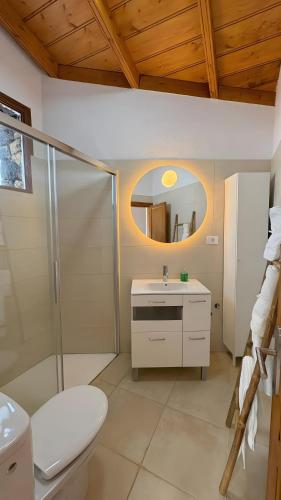 a bathroom with a shower and a sink and a toilet at Lagar de Elba in Las Manchas