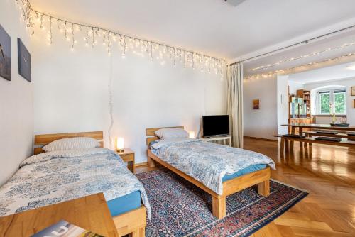 a bedroom with two beds and a tv at Apartment In A Historic Villa in Stockach
