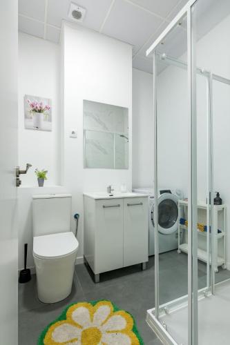 a bathroom with a toilet and a washing machine at Studio New Complete 4 pax in Madrid