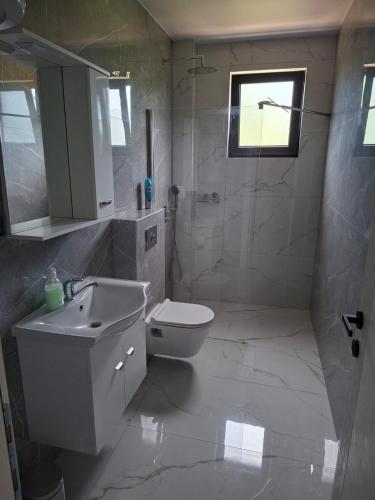 a white bathroom with a sink and a toilet at Casa Lavinia in Bregvija