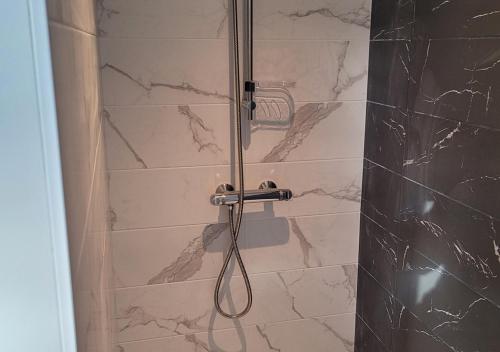 a shower with a glass door with a shower coil at Le Logis du Donjon 2 in Les Herbiers