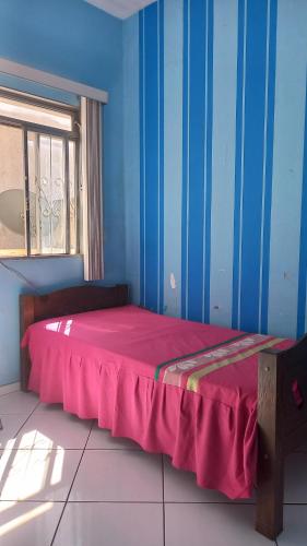 a blue room with a bed with a pink blanket at Apartamento in Montes Claros
