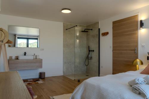 a bathroom with a shower and a bed and a sink at Villa ROYA in Saint-Florent
