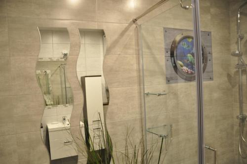 a bathroom with a shower with a glass door at U stóp Kilimandżaro in Jaworki