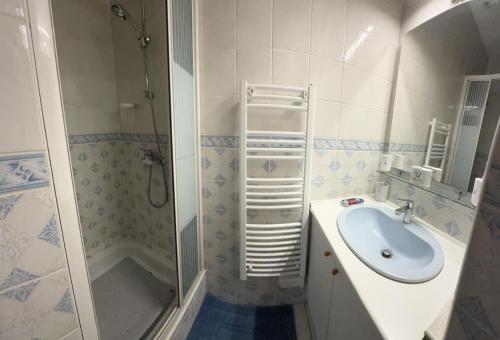 a bathroom with a shower and a sink at Le gîte du porche in Saint-Georges-lès-Baillargeaux