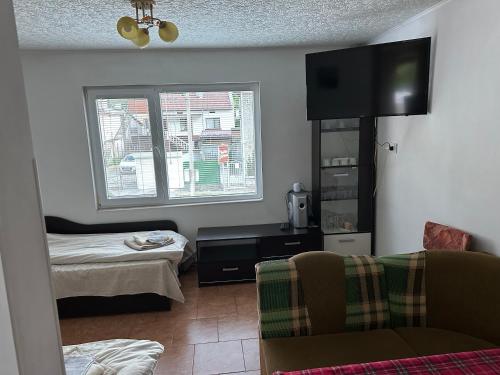 a living room with a couch and a tv at Елиани in Gabrovo