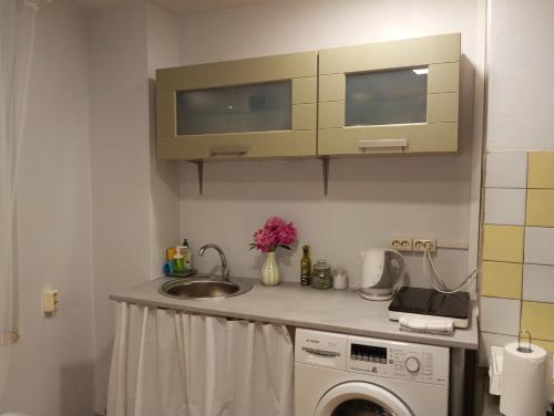 a kitchen with a sink and a washing machine at Saulespuķe-Kuldīgā in Kuldīga