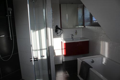 a bathroom with a sink and a toilet and a shower at Seeperle in Dranske