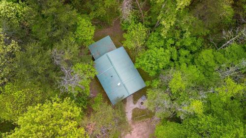 an overhead view of a blue building in a forest at Wren's Nest in Logan