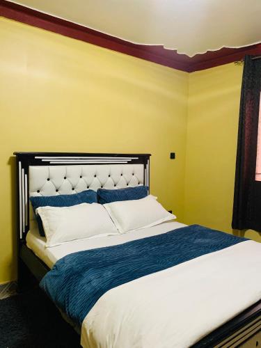 a bedroom with a large bed with blue and white pillows at Highway sunset in Namulanda
