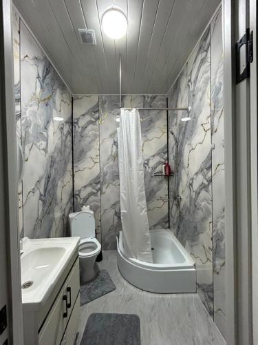 a bathroom with a toilet and a tub and a sink at Kolsai Terrassa in Saty