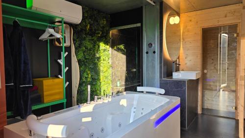 ein Badezimmer mit einer großen Badewanne und einer grünen Wand in der Unterkunft Maison Triangle in Saint-Alban-dʼAy