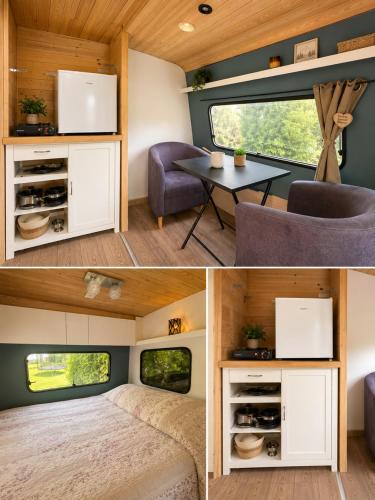 a bedroom and a living room in a tiny house at La caravane du Farfadet in Flangebouche