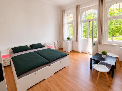 a bedroom with a bed and a table and two windows at Hostelion in Magdeburg