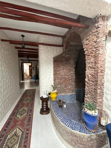 a living room with a stone fireplace with potted plants at Chez Bouchra suite Royal in Pont Blondin