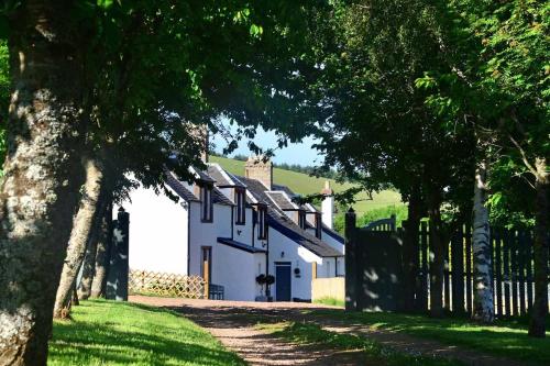 a white house with trees in front of it at Kates Cottages Bracken Lodge in Spott