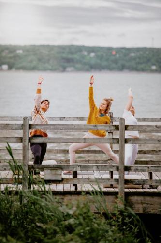 a group of people standing on a dock with their hands in the air at Le Triangle de l'île - Chambre La Jardin in Saint-Laurent-de-l'ile d'Orleans
