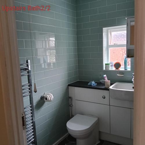 ein grünes Badezimmer mit Toilette und Waschbecken in der Unterkunft Double bedroom with shared facilities in Lexden