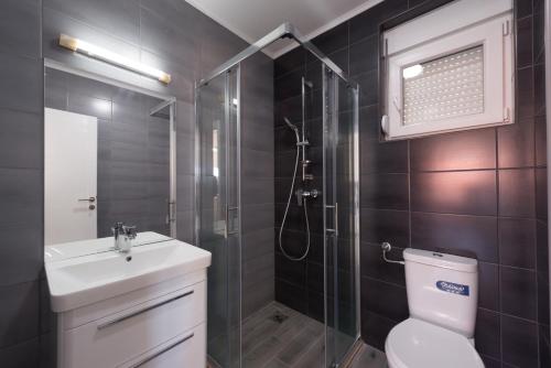 a bathroom with a shower and a toilet and a sink at Villa Sandy Apartments in Tivat