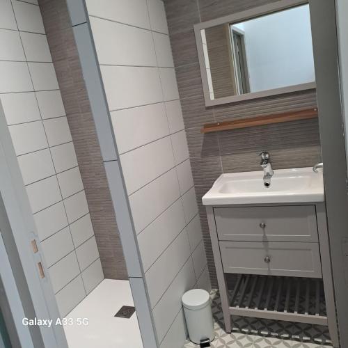 a small bathroom with a sink and a mirror at LE 37 croix in Gennes