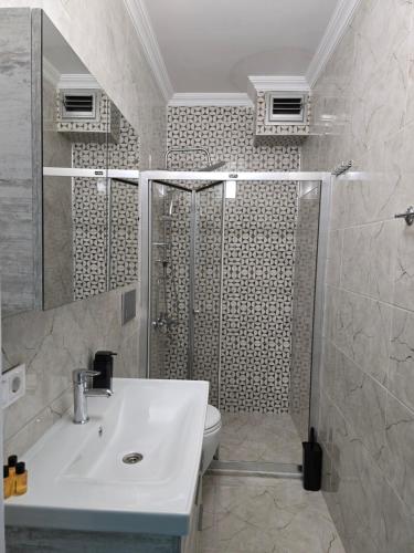 a bathroom with a sink and a shower and a toilet at ESLA Suites in Çamlıhemşin
