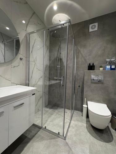 a bathroom with a shower and a toilet at Amara Centro Luxury Apartments in Mouzaki