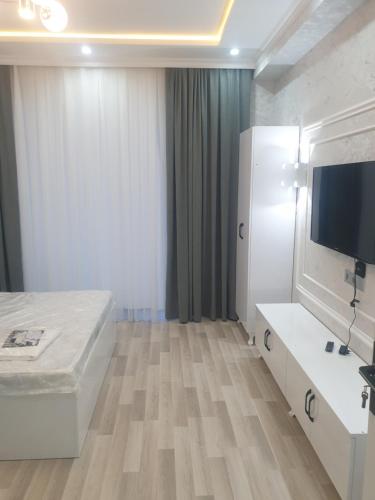 a hotel room with a bed and a flat screen tv at Terras Astara in Astara
