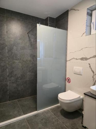 a bathroom with a shower with a toilet and a sink at Hotel Boheme in Peje