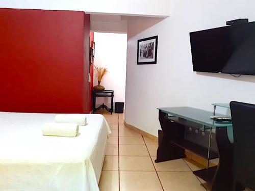 ein Zimmer mit einem Bett, einem Schreibtisch und einem Fernseher in der Unterkunft Hotel Arthaus in Asunción