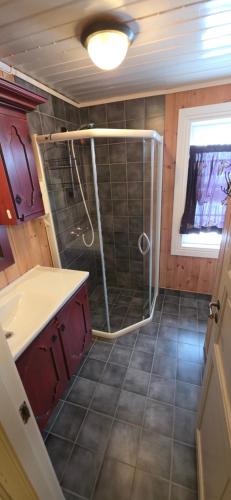 a bathroom with a shower in a room at Lauvåsen Rooms Langleiken in Sør-Fron