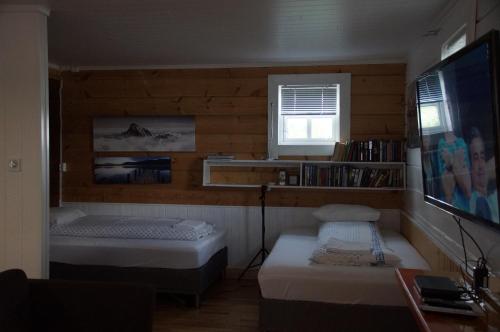 a small room with two beds and a tv at Aaroybukt Guesthouse in Årøybukta