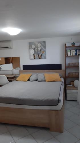 a bedroom with a bed and a book shelf at Studio apartman Kornelija in Lumbarda
