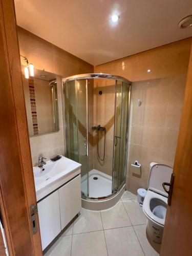 a bathroom with a shower and a sink and a toilet at Marina golf A in Asilah