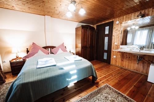 a bedroom with a bed and a bathroom with a sink at Vila Hubertus in Avrig