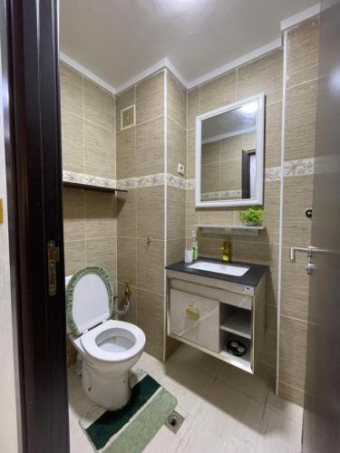 a bathroom with a toilet and a sink and a mirror at Appartement cozy in Oujda